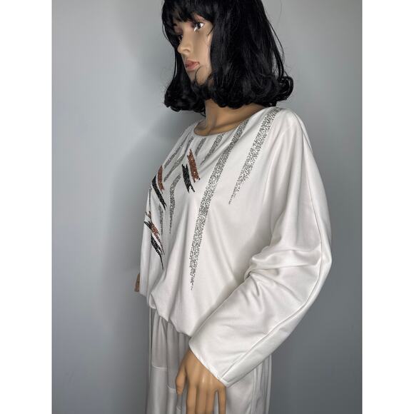 Vintage 1980s Riccardo White Batwing Dress Sequin Geometric Design medium - Picture 15 of 16